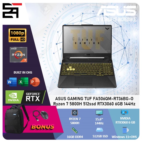 Asus Gaming TUF FA506QM RTX3060-6GB Ryzen 9 5900HX 16GB 512GB SSD  W11 OHS 15.6 Inchi FHD IPS 144Hz