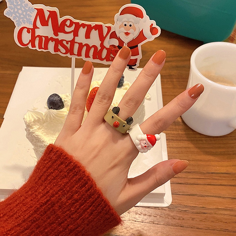 Cincin Jari Desain Kartun Santa Claus Rusa Bell Natal Warna-Warni Bahan Resin Gaya Vintage Untuk Pesta