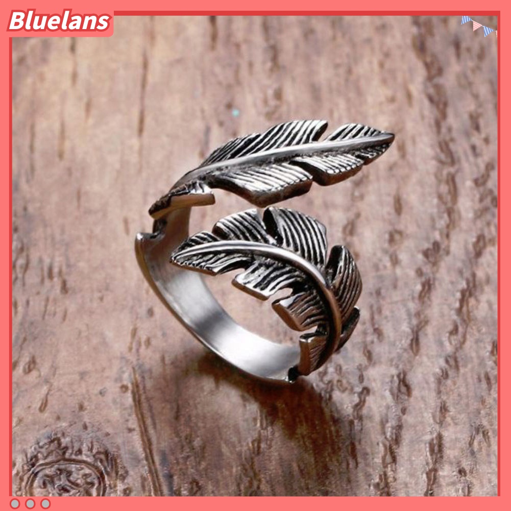 2pcs Cincin Model Terbuka Bentuk Bulu Antik Warna Silver Gaya Retro Untuk Pria Dan Wanita