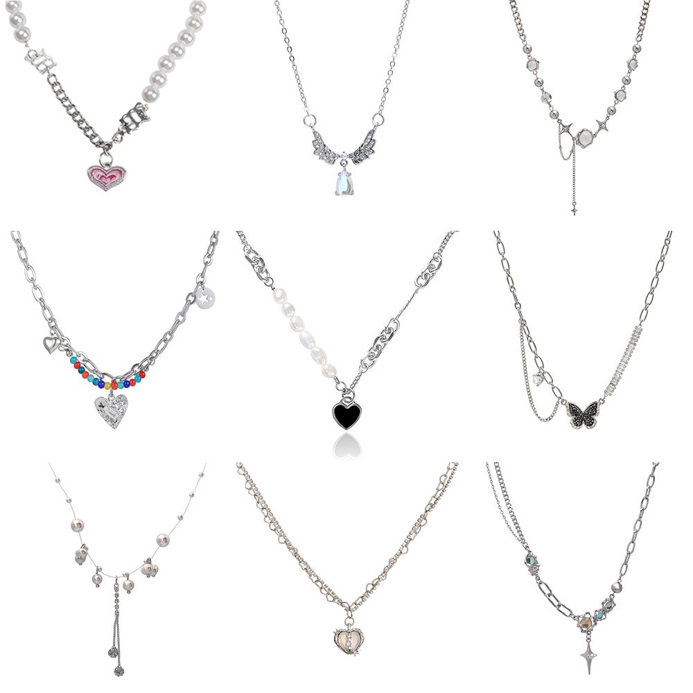 IFYOU Kalung Rantai Choker Liontin Batu Permata Berkilau Warna Silver Gaya Vintage Untuk Wanita