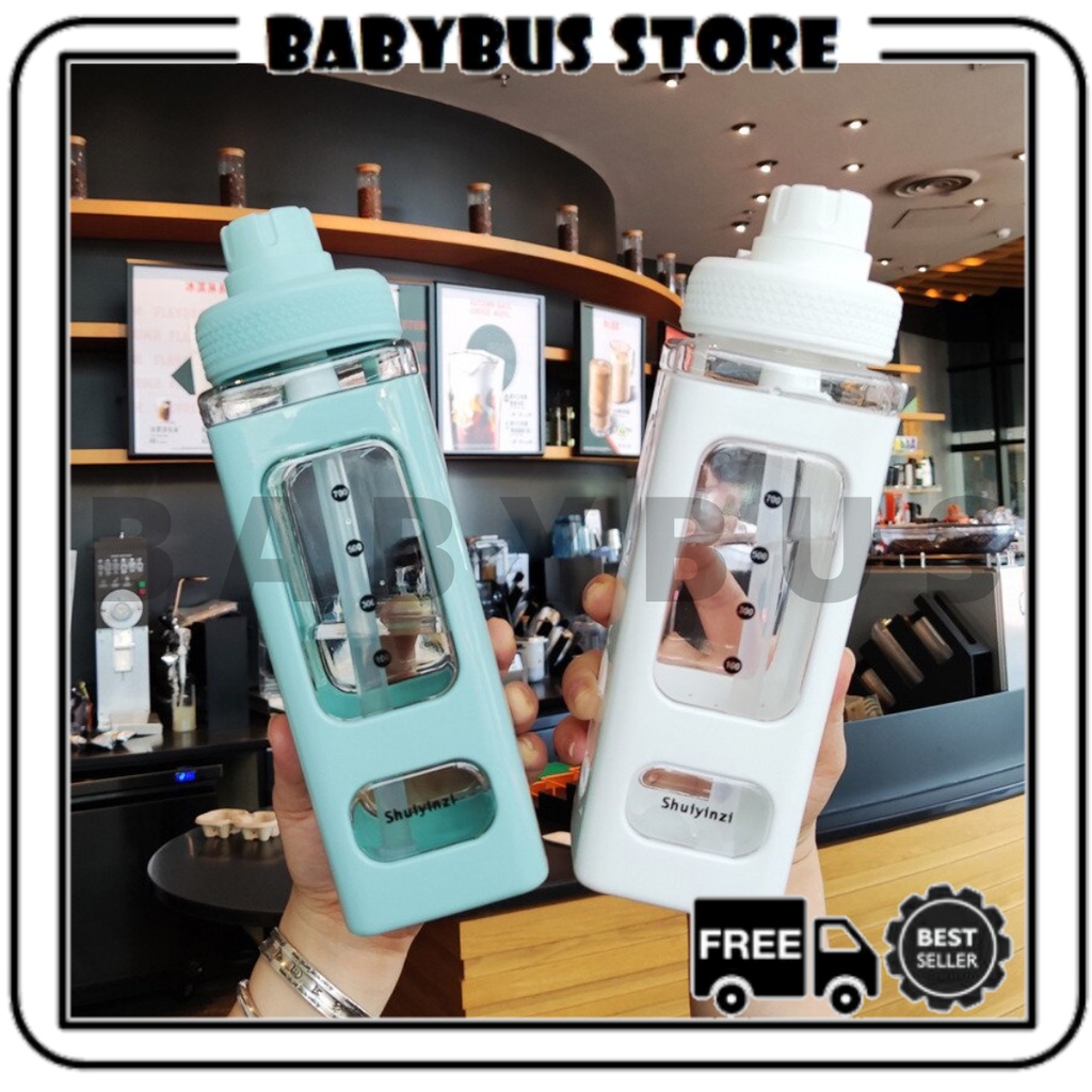 BBS BM9 Botol Minum Plastik Korea Lucu Bentuk Square Botol Minum Anak Sekolah Kapasitas Besar BPA Free Water Large Capacity Dengan Sedotan Food Grade