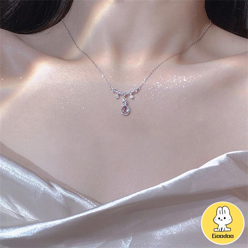 Kalung Fashion Wanita All-match Niche Design Light Luxury Moonstone Water Drop Necklace -Doo