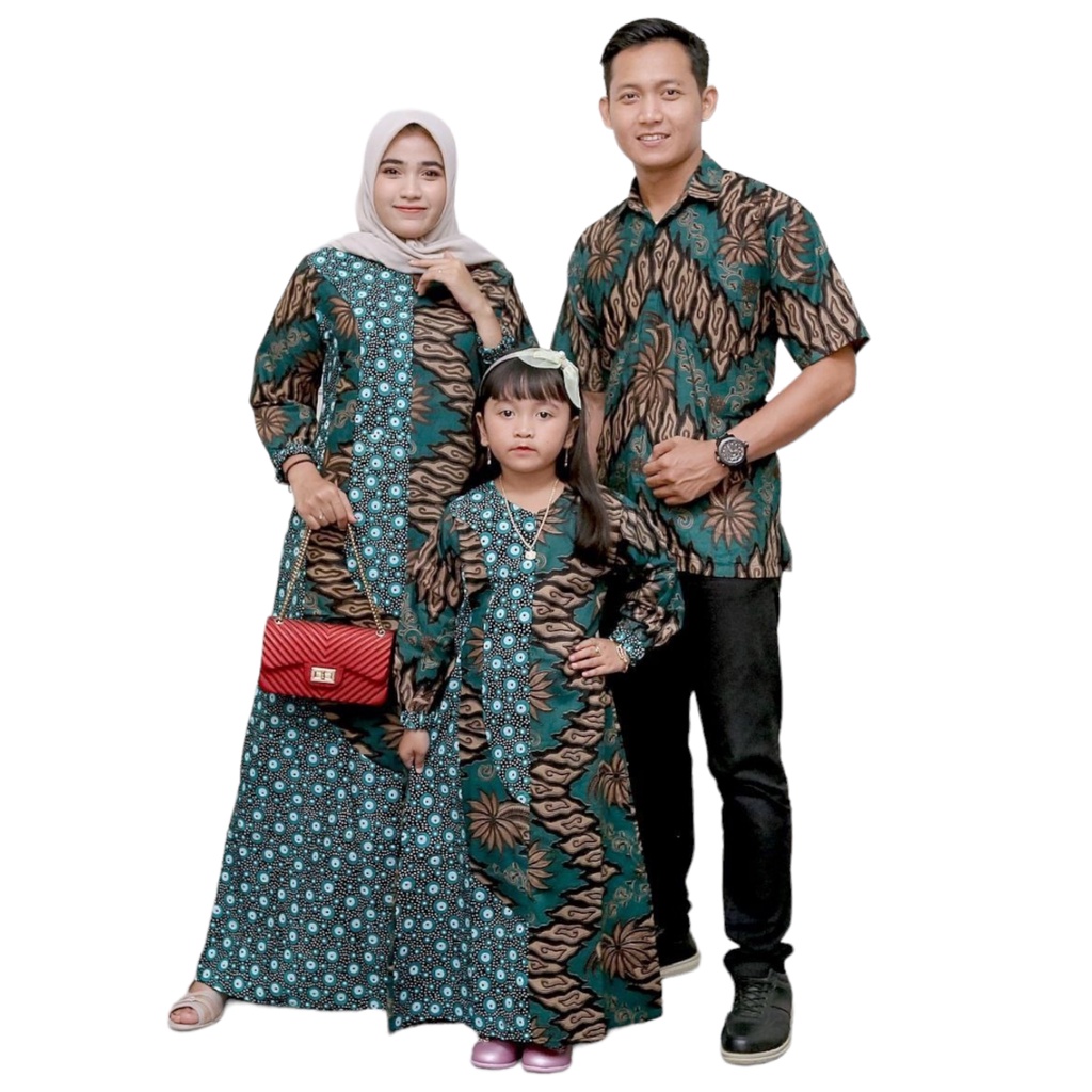 Baju Couple Seragam Keluarga Motif Batik Mega Mendung Hijau Kombinasi Bunga Truntum Bintang Kemeja B