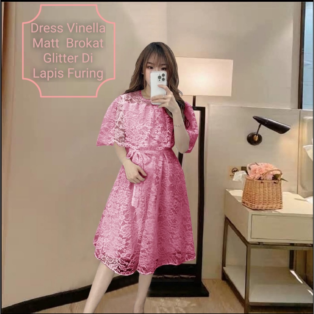 Dress Wanita Midi Kekinian Terbaru Kondangan/Pesta Matt Brokat Glitter Murah Berkualitas/Dress Vinella Size L-XL/Dress Natal Wanita Remaja Terbaru