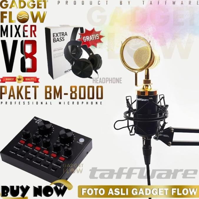 PAKET KOMPLIT MIC BM8000 STAND Microphone BM 8000 SOUNDCARD MIXER V8