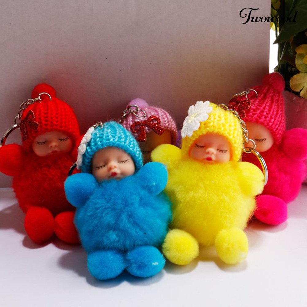 Twowood Gantungan Kunci Boneka Bayi Tidur Pompom Fluffy Hiasan Pita