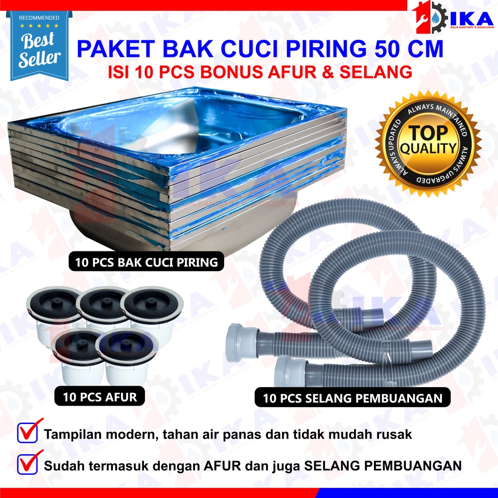 GROSIR 10 PCS - BAK / WASTAFEL CUCI PIRING STAINLESS STEEL 50 X 40 CM TNP SAYAP BONUS AFUR + SELANG HARGA AGEN