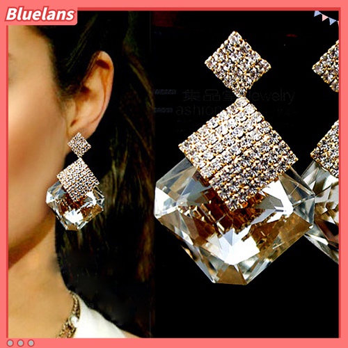Bluelans Anting Tusuk Gantung Bentuk Kotak Besar Hias Berlian Imitasi Untuk Wanita