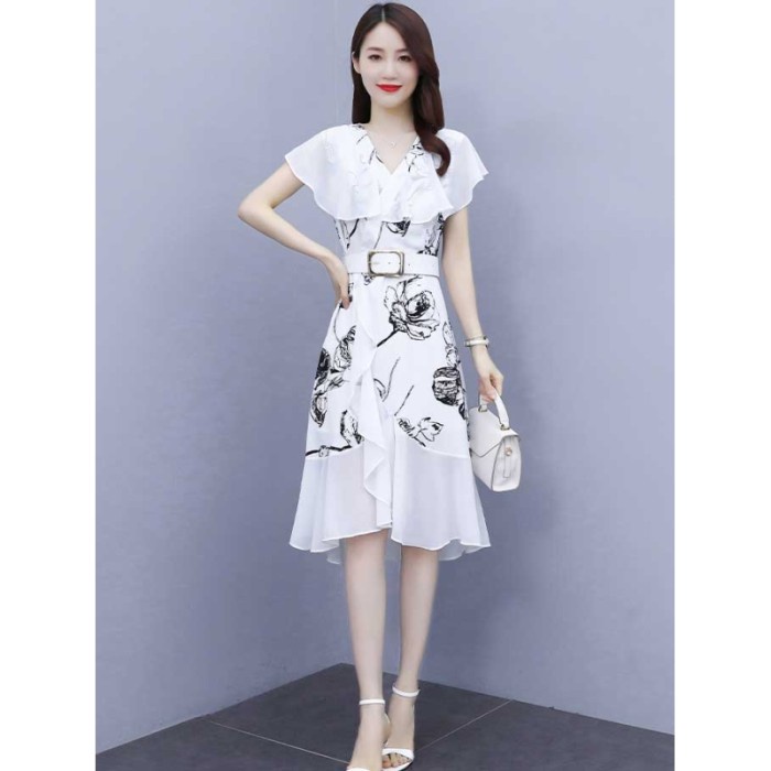 dress wanita putih motif gambar rame sifon korea lengan pendek elegant