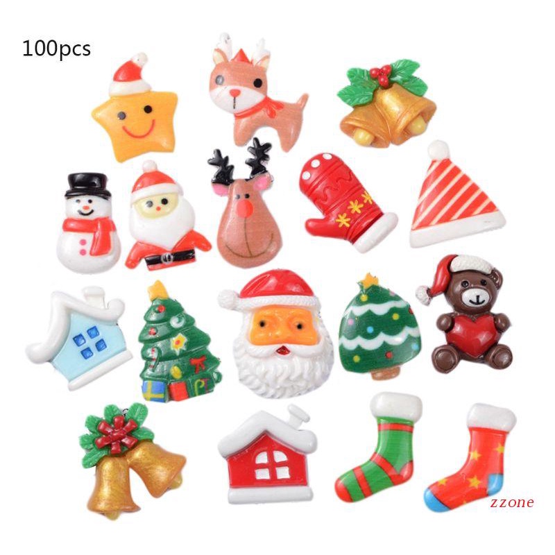 100pcs Kancing Bentuk Kartun Santa Claus Dan Pohon Natal Bahan Resin Untuk Kerajinan Tangan