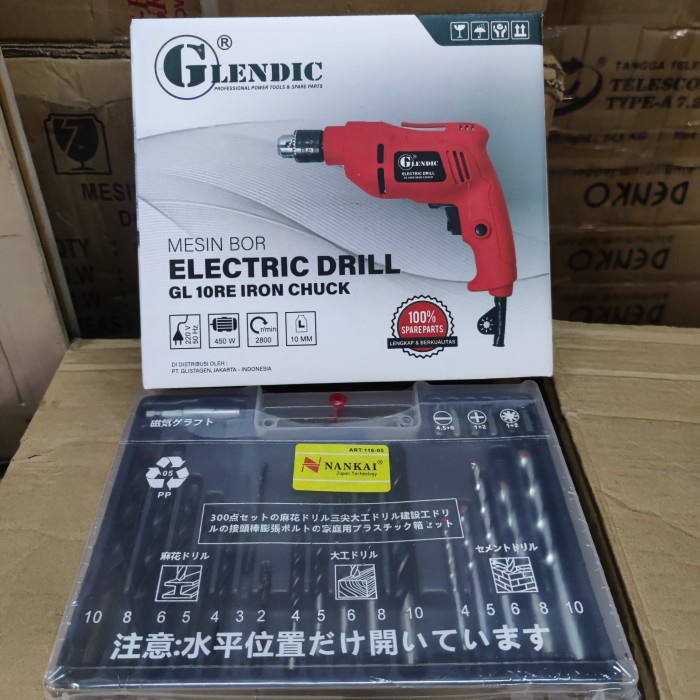 Paket Mesin Bor Listrik 10MM Glendic Mata Bor Set Komplit