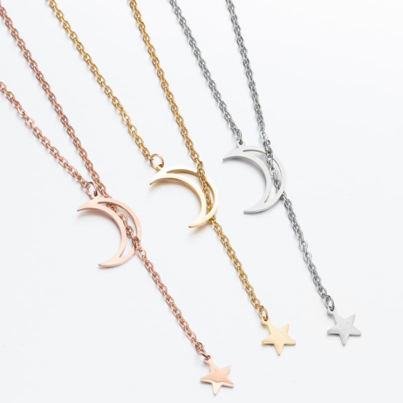 Kalung Rantai Klavikula Hias Liontin Bulan Bintang Geometris Gaya Korea Untuk Wanita