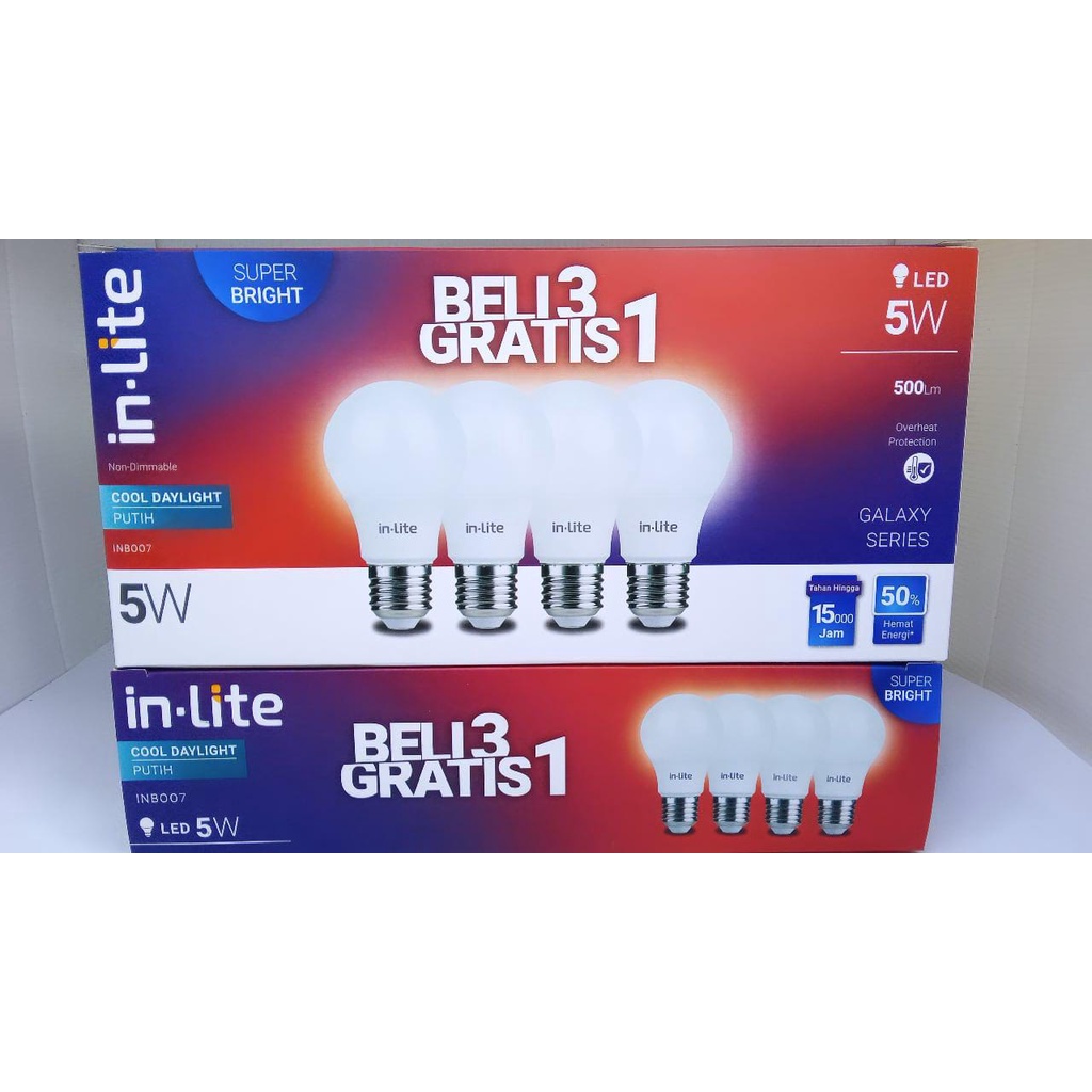 Lampu In-Lite Led Paket Inlite 5w Paket In lite Pack Beli 3 Gratis 1 Putih INB007 Led Bulb 5 Watt 5 W 5Watt