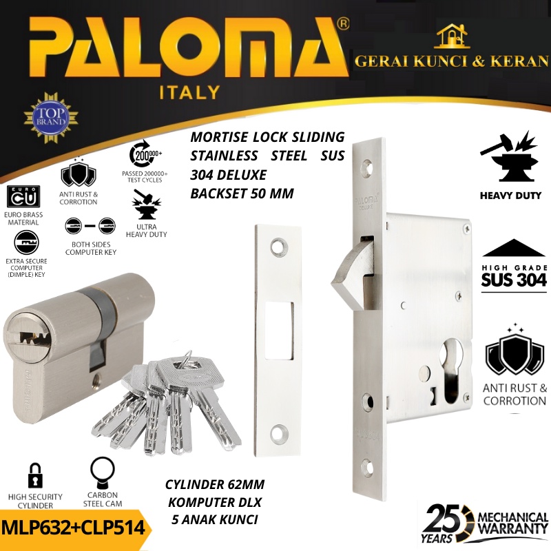 PALOMA MORTISE LOCK CYLINDER MLP 632 CLP 514 BODY KUNCI SLIDING 50MM CYLINDER 62MM KOMPUTER KEY STAINLESS