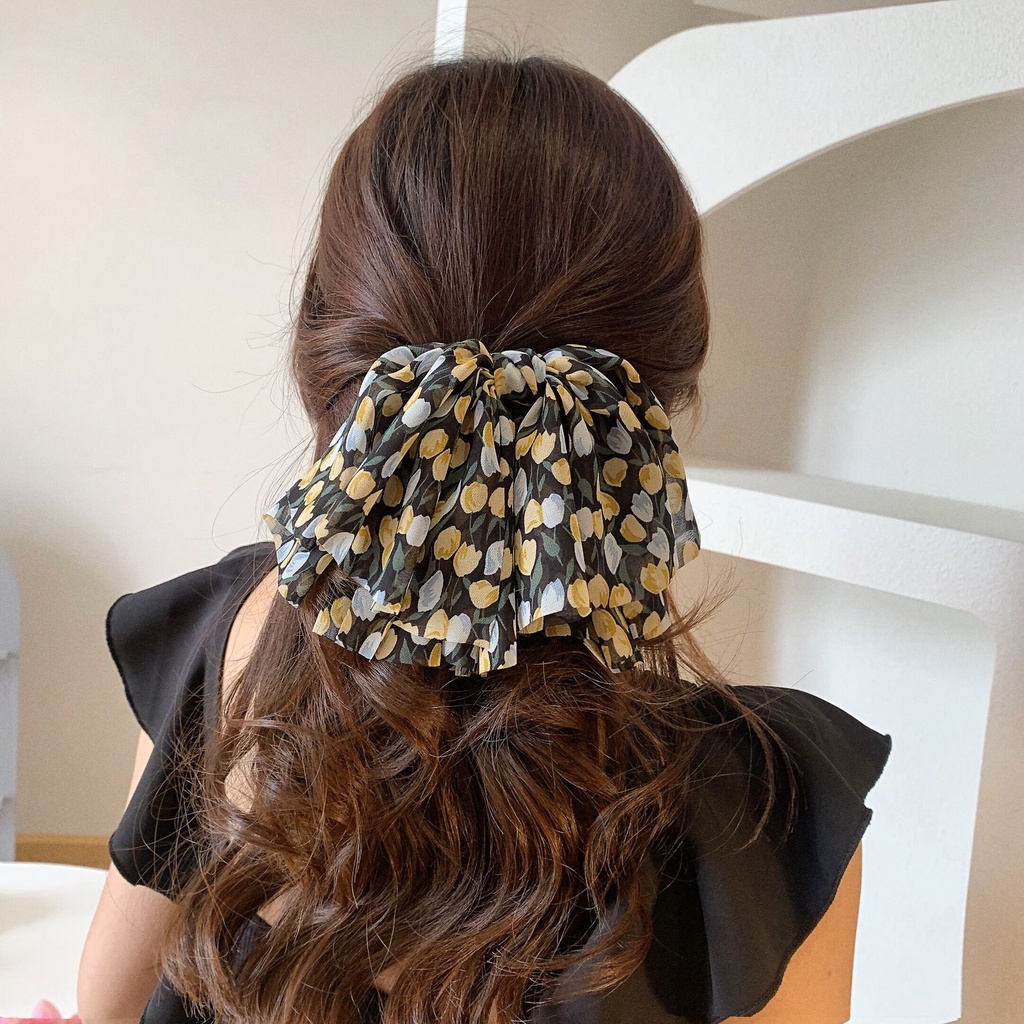 JEPIT RAMBUT PITA BESAR KAIN CHIFFON MOTIF BUNGA FLUFFY FLORAL FLOWER PATTERN FABRIC BIG HAIR CLIP SNAP AKSESORIS RIBBON BIG INS KEKINIAN TRENDY HAIRCLIP JEPITAN ALIGATOR ALLIGATOR