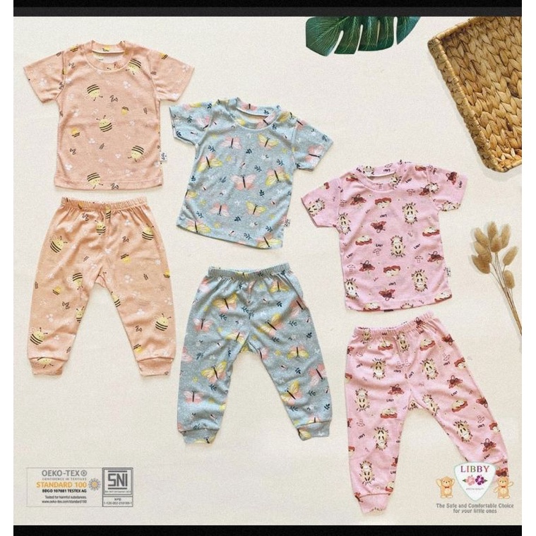 Libby Setelan Kaos Baju Oblong Tipis Pendek Rib Anak Bayi Print Motif