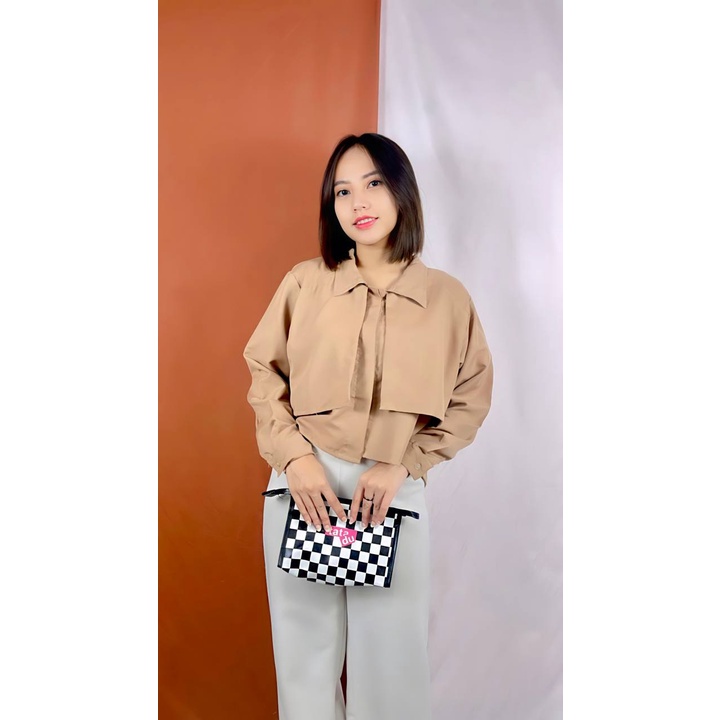 Tq88indonesia Fashion Kemeja Wanita Lengan panjang Terbaru / Anne Crop Shirt / Kem / Hem Polos / Busana Casual Wanita / Ootd / Outfit Kasual Kekinian