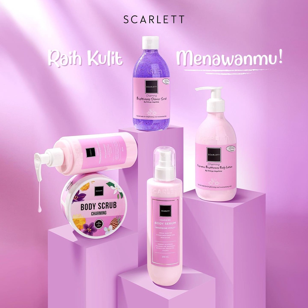 SCARLETT Whitening Charming Series Indonesia / Body Care / Perawatan Kulit Tubuh / Scrub Brightening Shower Scrub Serum Cerathione Hyalu Fragrance Cream Hyalu Sheamide Lotion 250ml 300ml Sabun Mandi Moisturizer Pelembab Skincare Package Paket Lengkap Set