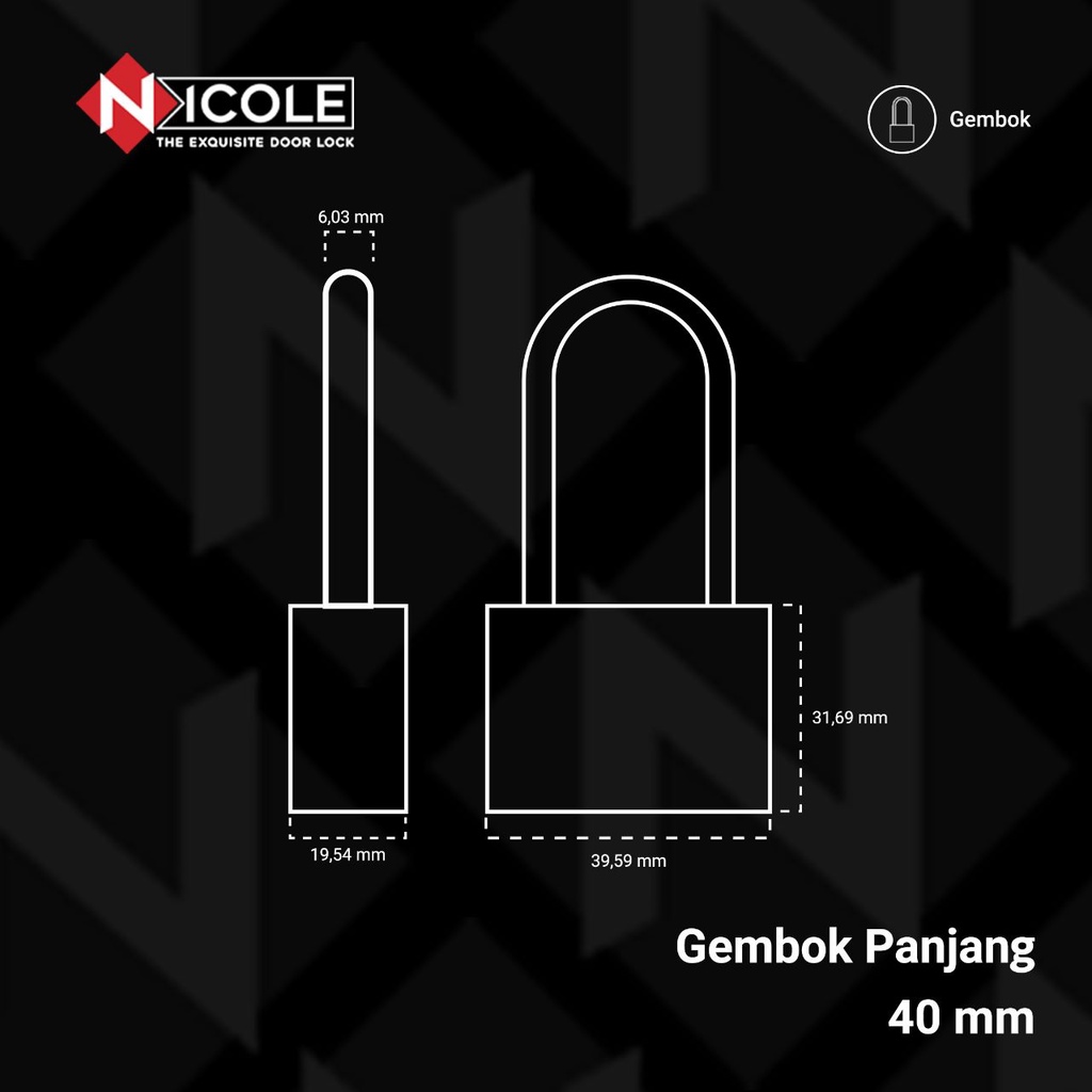 Nicole Gembok Pintu Rumah Besi / Gembok Pagar / Padlock Long 40mm Leher Panjang