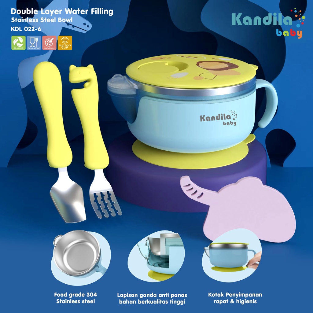 Kandila Baby KDL022-6 Double Layer Water Filling STainless Steel Bowl WIth Spoon &amp; Fork - Mangkok Makan Bayi