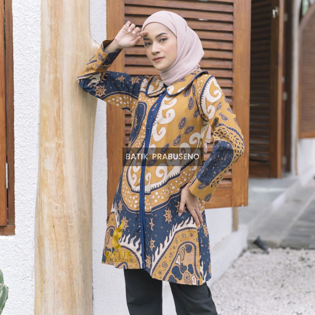 Tunik Motif Emilia Kuning Atasan Baju Batik Wanita Lengan Panjang Model Kancing Kutubaru Prabuseno M