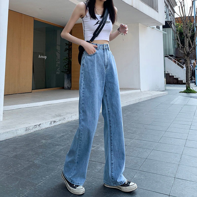 Celana Jeans Panjang straight Lurus Wanita Highwaist kulot  Korea style loose biru muda jens denim  longgar kekinian fit wide leg cewe Jumbo size 5xl