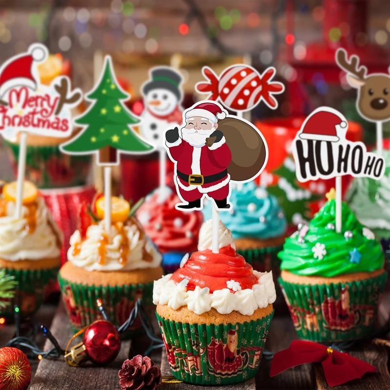 24pcs Topper Kue Desain Pohon Natal Santa Bahan Kertas Untuk Dekorasi Pesta