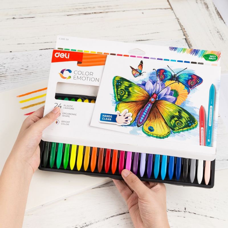

Deli Krayon Plastik Sekolah 24 Warna Cerah Bentuk segitiga ergonomis Aman tidak beracun Crayon Pewarna
