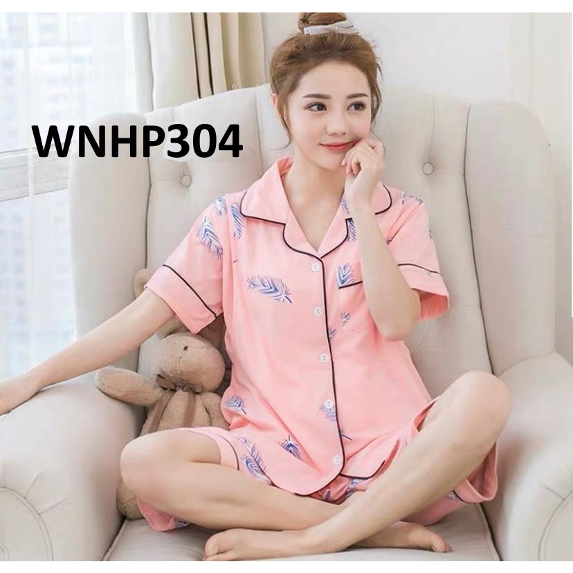 Baju Tidur Wanita Kancing Depan Feather Pink