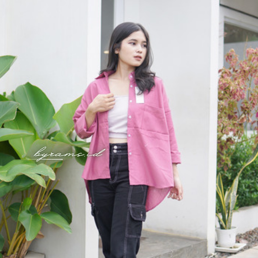 Kemeja Wanita Oversize Linen Olivia Shirt Linen Pocket Oversize-DEEP PINK