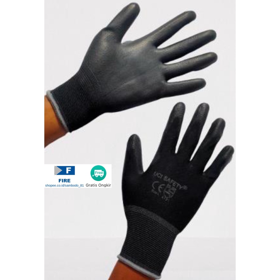 Sarung Tangan Proyek Satpam Anti Slip Hitam Black Hand Gloves Mekanik Montir Berkebun Tukang Telapak Tangan dilapisi karet Bahan Nylon Polyester Elektronik Assembly Static Multi Purpose Polyurethane Kerja Palmfit