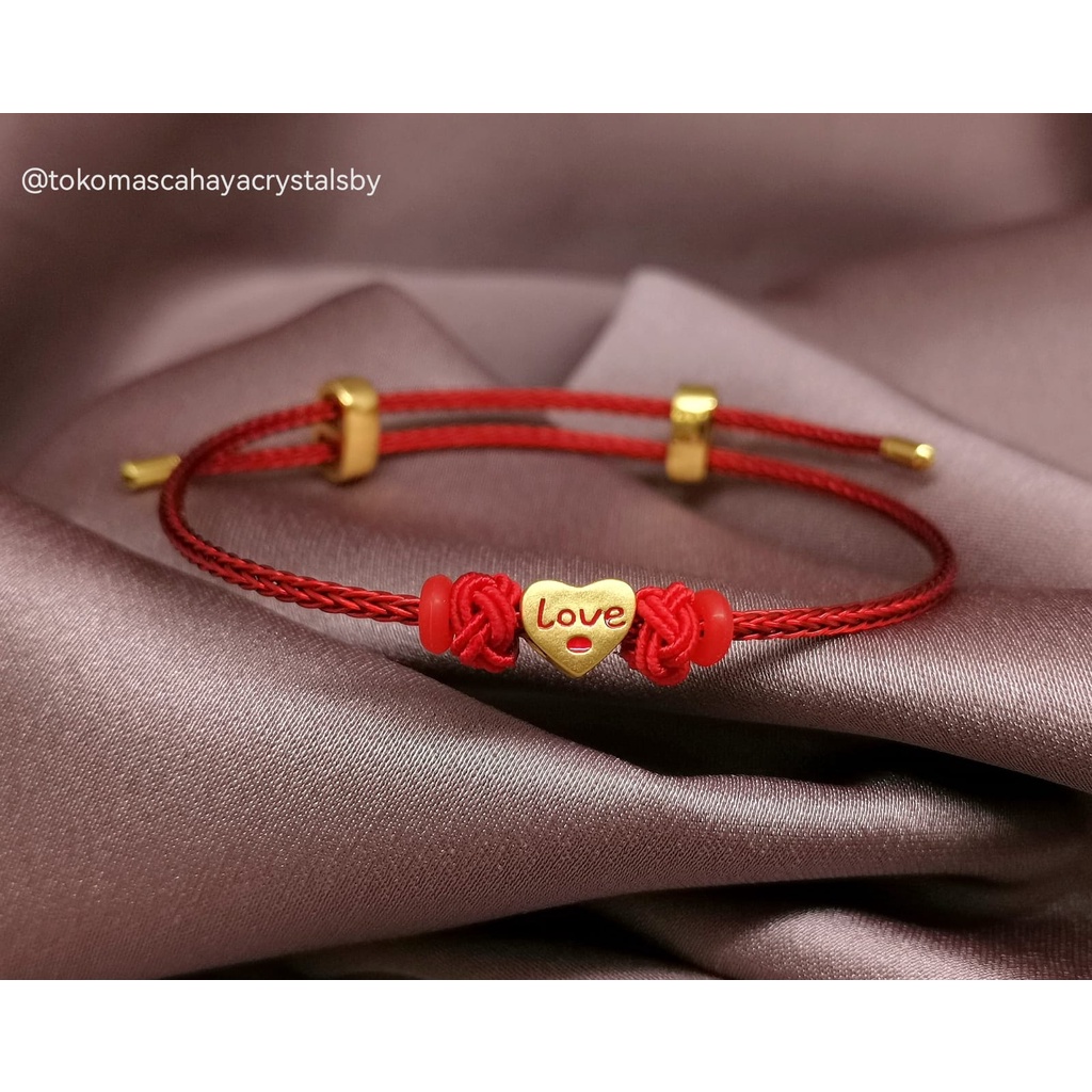 Charm Hati Love Merah Emas Kadar 24k HK Hongkong 999.9% 9999 & Gelang Kawat Anti Air Serut