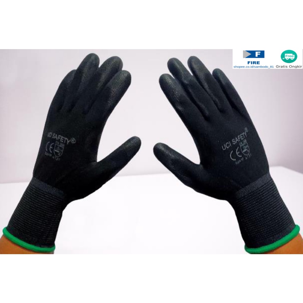 Sarung Tangan Proyek Satpam Anti Slip Hitam Black Hand Gloves Mekanik Montir Berkebun Tukang Telapak Tangan dilapisi karet Bahan Nylon Polyester Elektronik Assembly Static Multi Purpose Polyurethane Kerja Palmfit