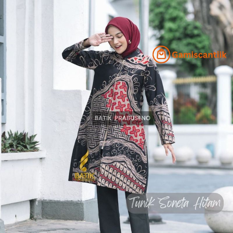 Jual Tunik Batik Motif Soneta Hitam Busui Ziper Depan Katun Adem Halus Nyaman Lapis Trikot