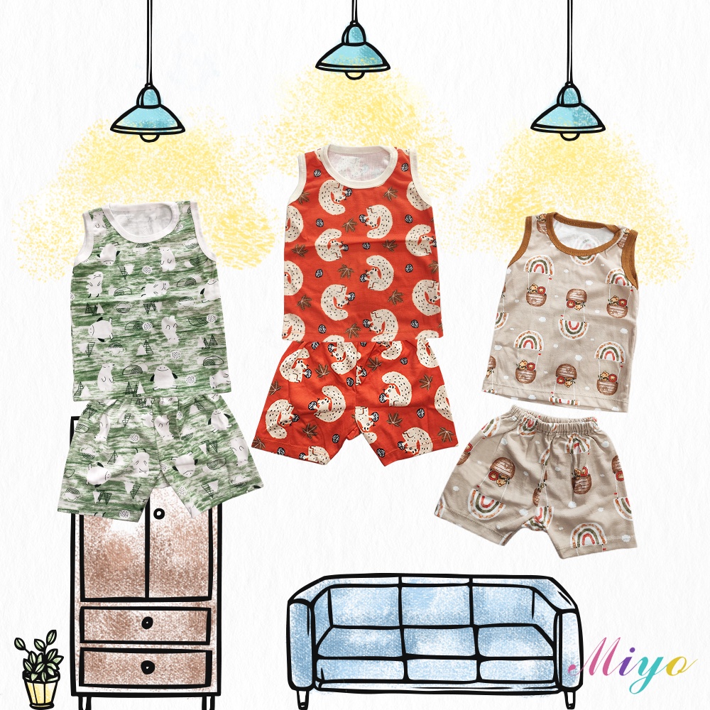 MIYO Setelan SINGLET PRINT KUTUNG GEORGE MONKEY / SQUIRREL PIYAMA BAJU MIYO SML