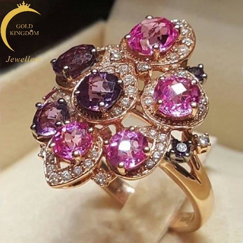 Goldkingdom Perhiasan Fashion Aksesoris Bangkok 24K Ready Stock Set Cincin Tunangan Mewah Dengan Berlian Lapis Permata Rose Gold Pink Merah