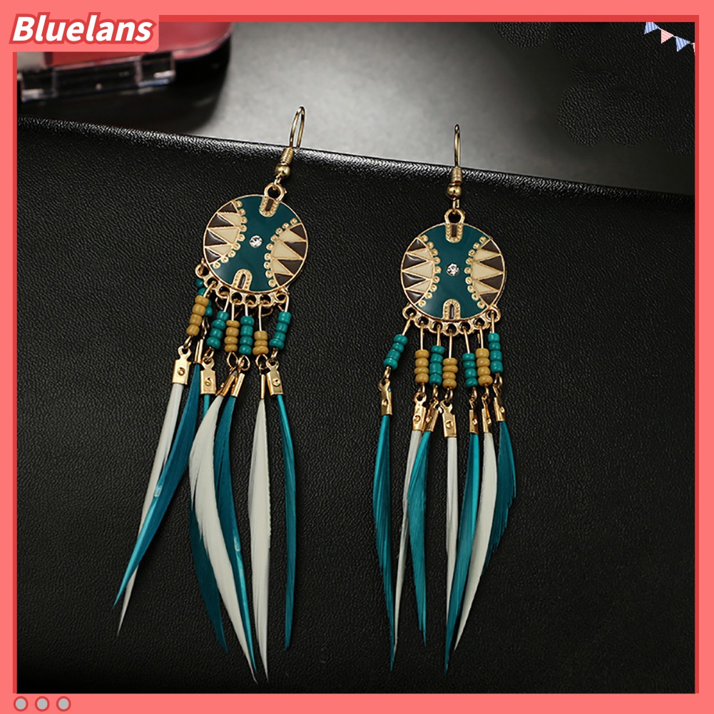 Anting Kait Gantung Desain Bulat Hollow Hias Rumbai Bulu Gaya Eksotik Untuk Wanita