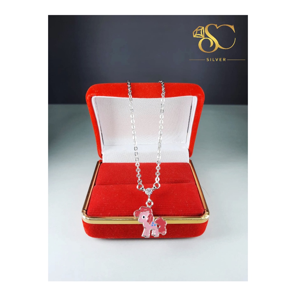Kalung Perak Anak Asli Silver 925 Lapis Emas Putih Rantai Nori Liontin Kuda Poni Pink