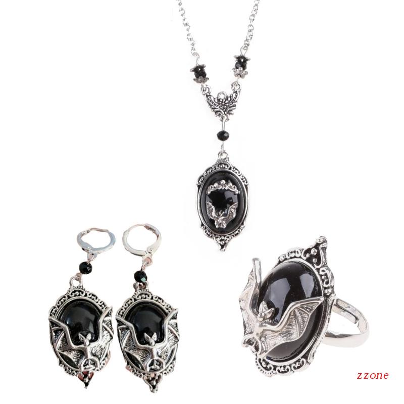 Zzz Set Anting Tusuk + Kalung Rantai Liontin Kelelawar Vampire Gothic Warna Silver Untuk Pria / Wanita