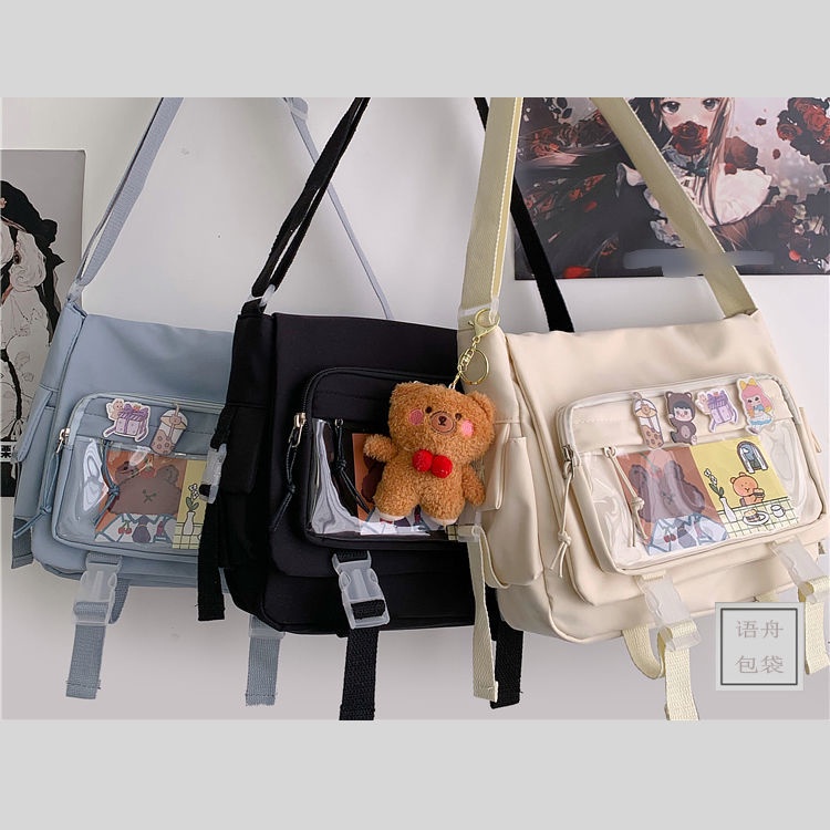 ♠✾Sera Kapasitas Besar Siswa Kelas Messenger Tas Kanvas Wanita 2021 Baru Jepang Harajuku Warna Solid Postman Bahu Tote Bag