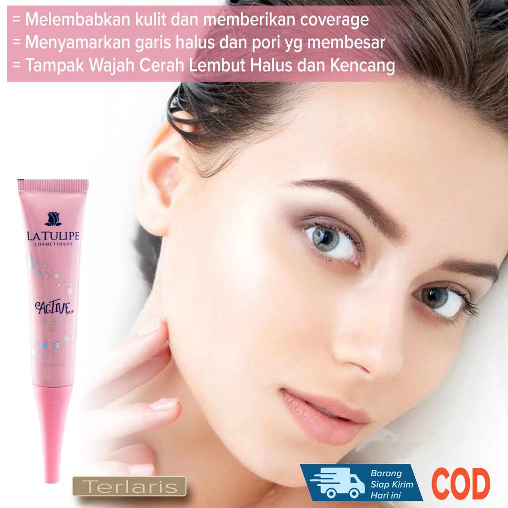 Bedak wajah Cream GLOWING Anti Luntur waterproof Bedak harian Pencerah Pelembut wajah Penutup Pori Keriput garis halus Flek Hitam Noda Bekas Jerawat Tampak Wajah Glowing Cerah Halus Lembut Mulus ~ La Tulipe Active BB Cream Jaminan Produk ORIGINAL 100%