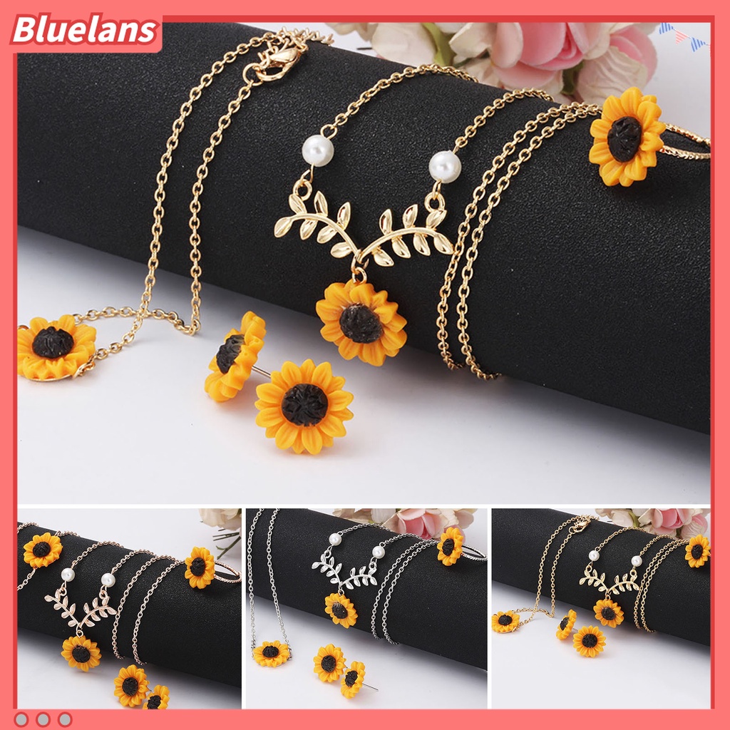 4pcs / Set Kalung Cincin Bentuk Bunga Matahari Daun Bahan Stainless Untuk Wanita