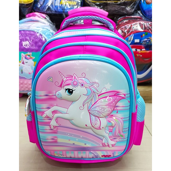 Tas DORONG Trolley Anak Sekolah TK / Play Group / PAUD GAMBAR KUDA PONY dan PUTRI SALJU Luwi Garis V 12inch TIMBUL GLOSSY/ EMBOS 3 RESLETING IMPORT ( Kumbang 12&quot; )