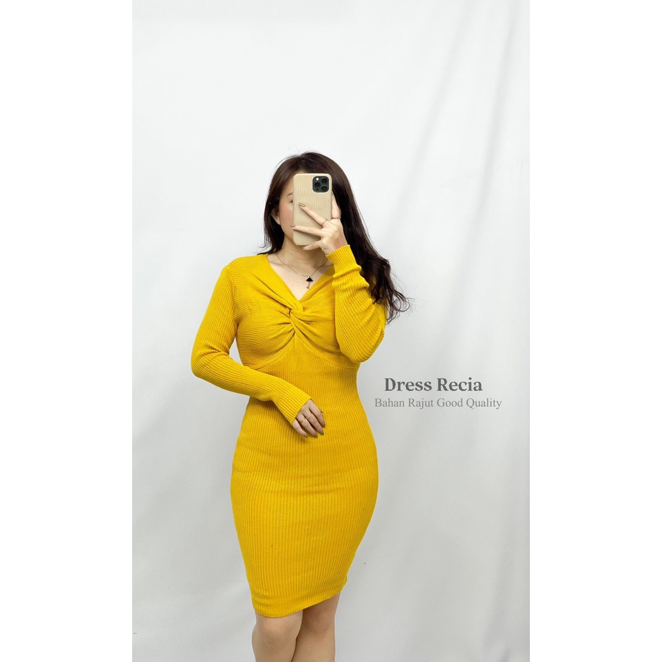 HOPYLOVY - Dress Wanita Rajut Model Lipat Dada Recia