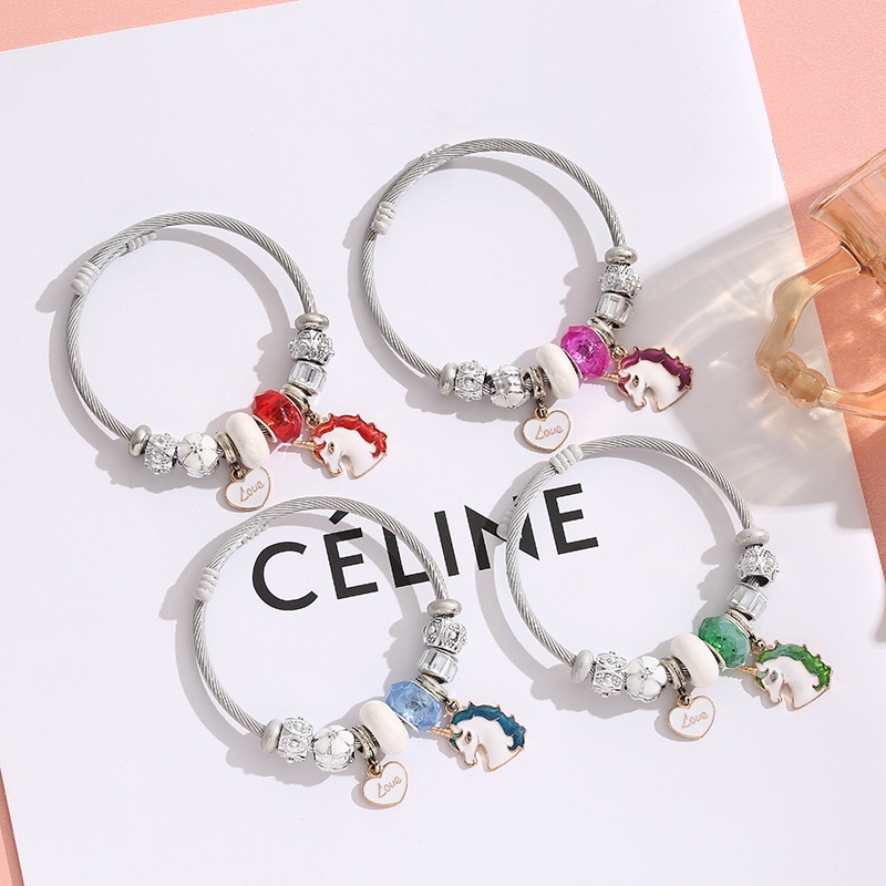 XiaoboACC Gelang Tangan Rantai Stainless Steel Aksen Liontin Unicorn + Hati + Kristal Untuk Perhiasan Wanita