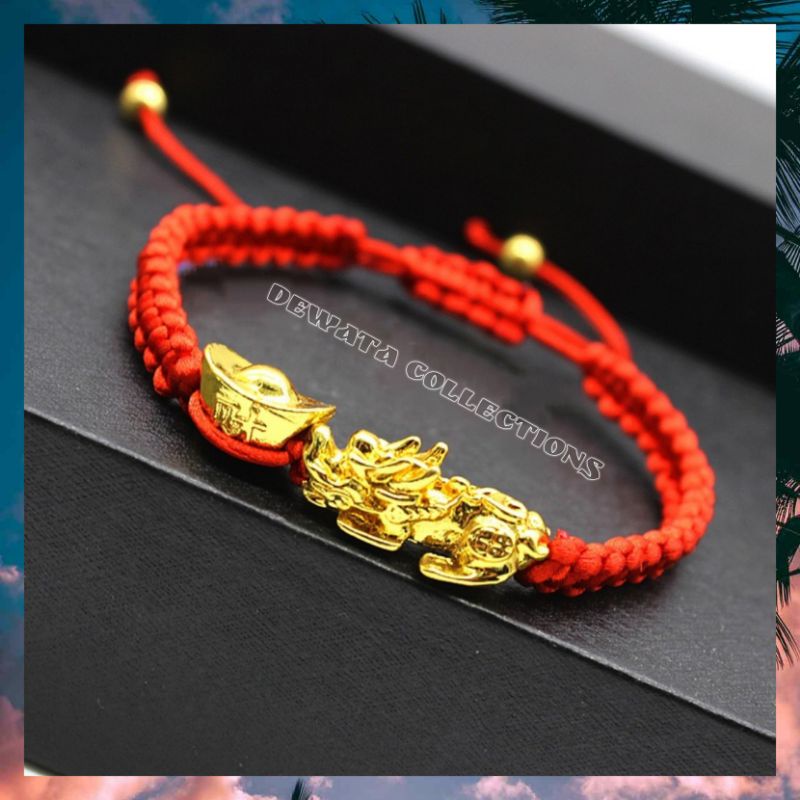 Gelang Kebwruntungan Tali Merah Charm Naga Pixiu Lapis Emas 18K