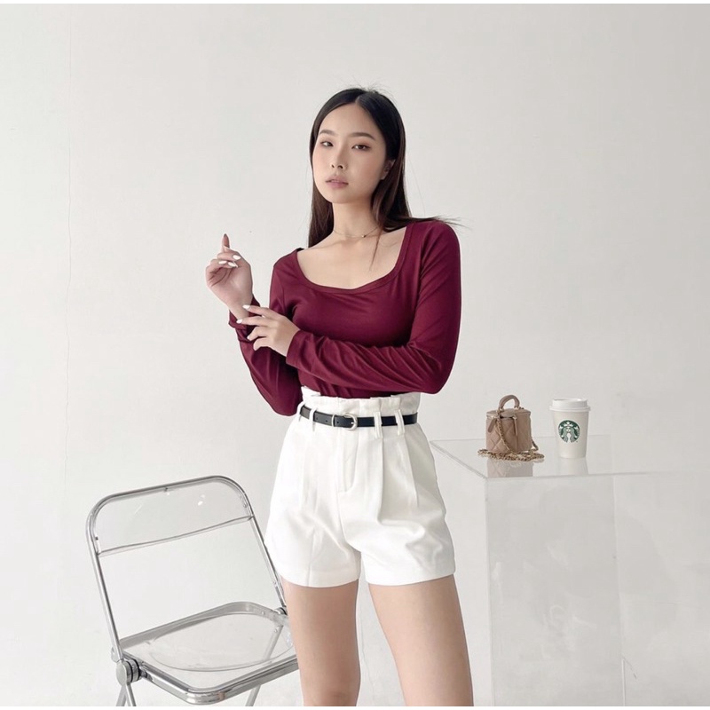 MORA SQUARE NECK LONGSLEEVE TOP KOREA - KAOS MANSET POLOS LENGAN PANJANG WANITA - PREMIUM TEE POLOS CUTTING WANITA COLORFUL - HADIAH / KADO ULTAH CEWEK