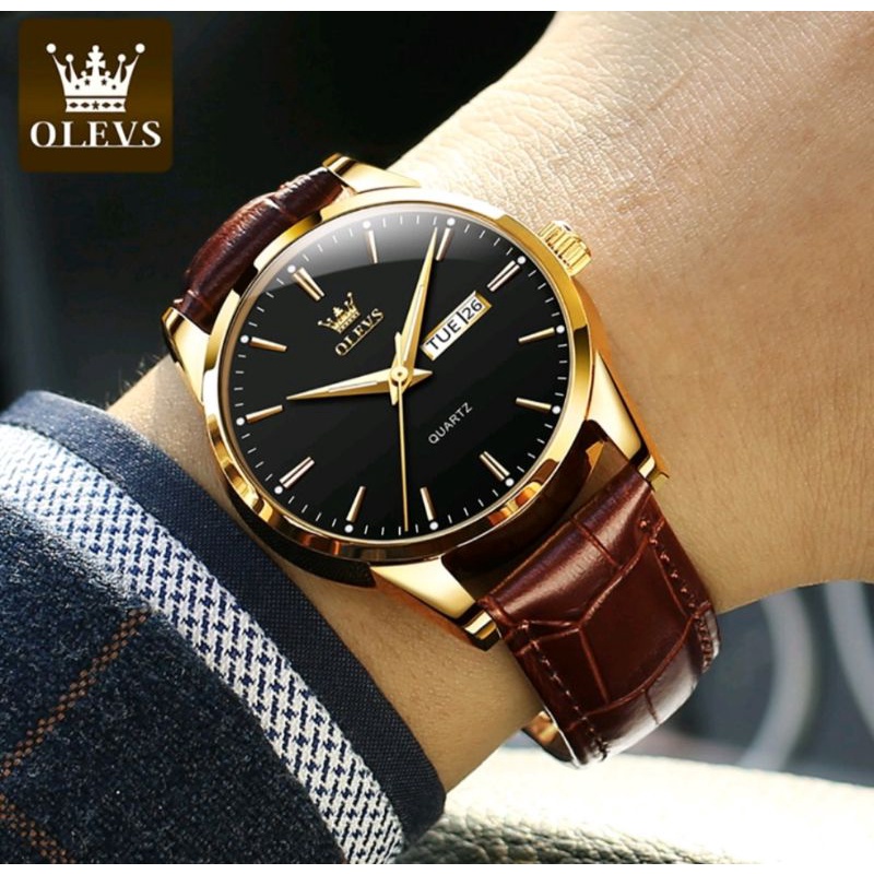 OLEVS Jam Tangan Pria Original Anti Air Kulit Analog Man Witch Hitam