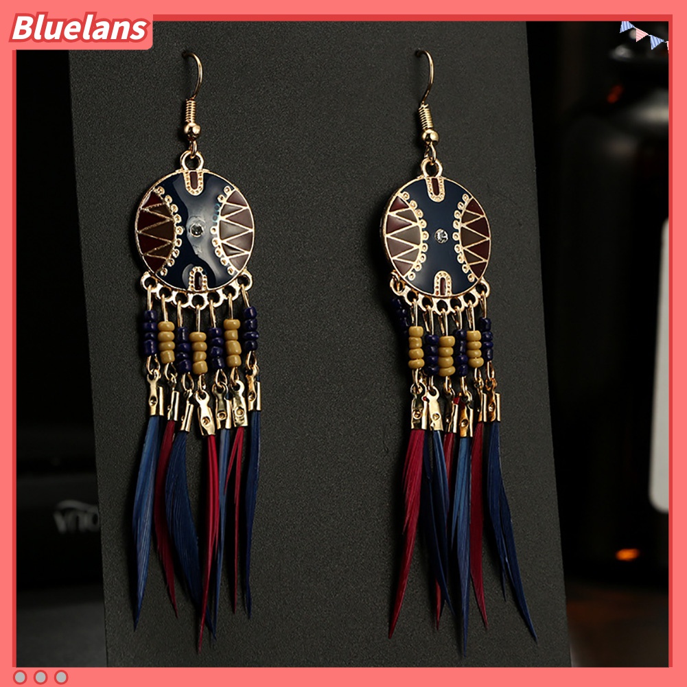 Anting Kait Gantung Desain Bulat Hollow Hias Rumbai Bulu Gaya Eksotik Untuk Wanita