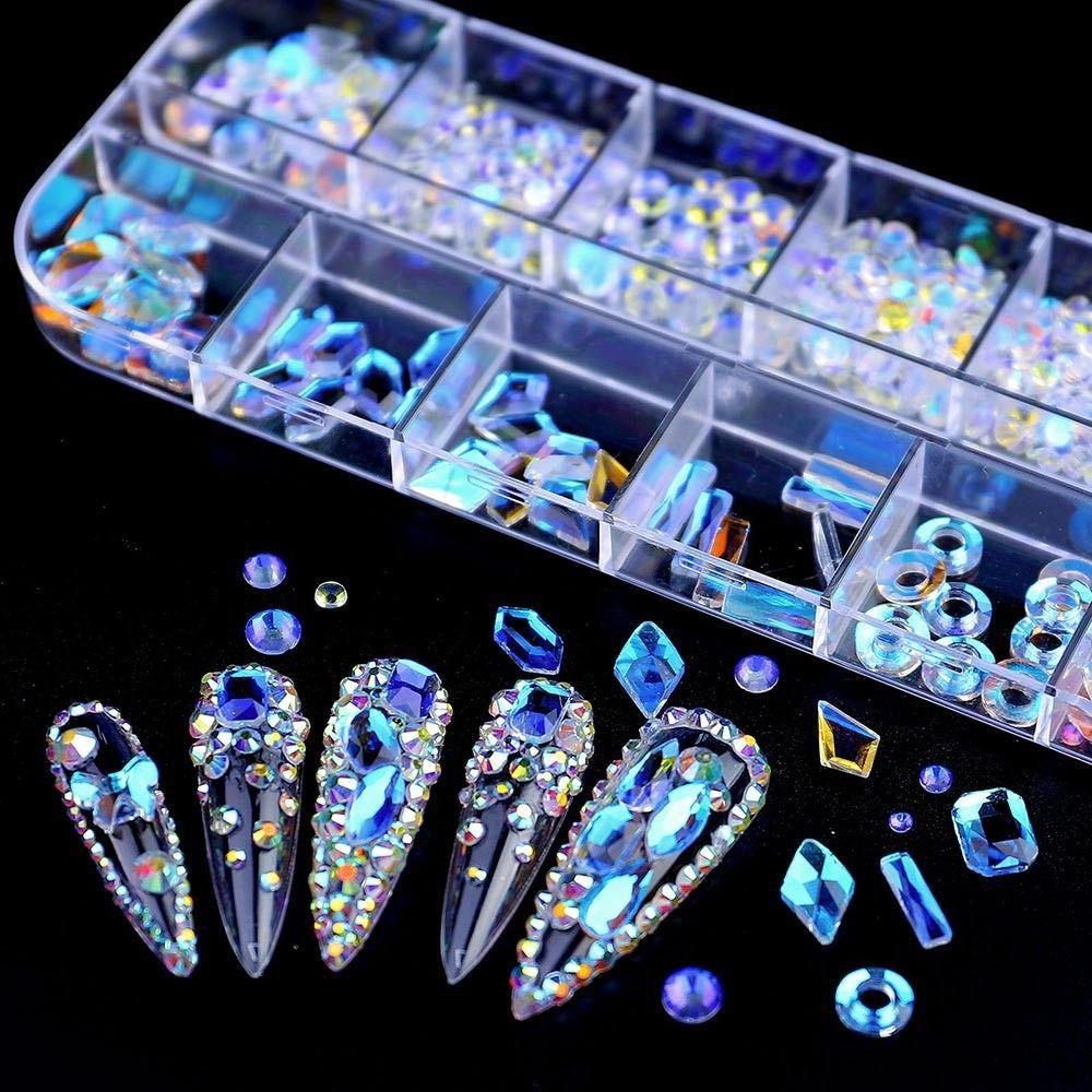 TOP 12Gird Box Nail Art Diamond Irregular Nail Art Decoration Nail Glitter Flatback Diamond